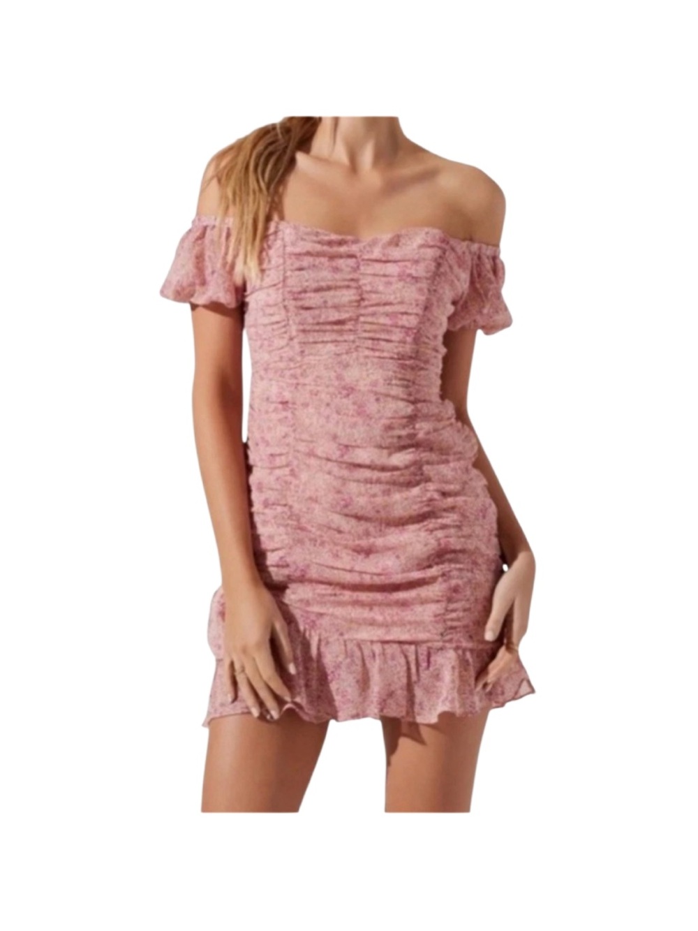 Astr The Label Floral Ruched Ruffle Mini Dress Pink Size Medium